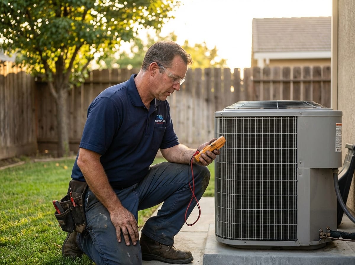 PCG Climate HVAC technician servicing air conditioning system in Pleasanton